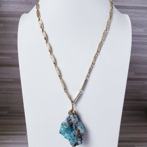 Aqua Blue Druzy Crystal Pendant 23" Gold Tone Necklace